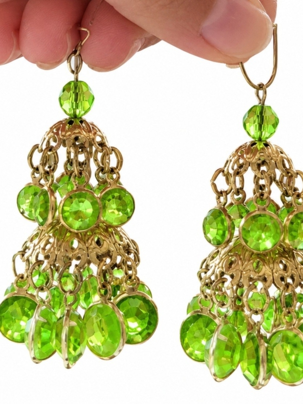 Gold-Tone Green Crystal Chandelier Earrings